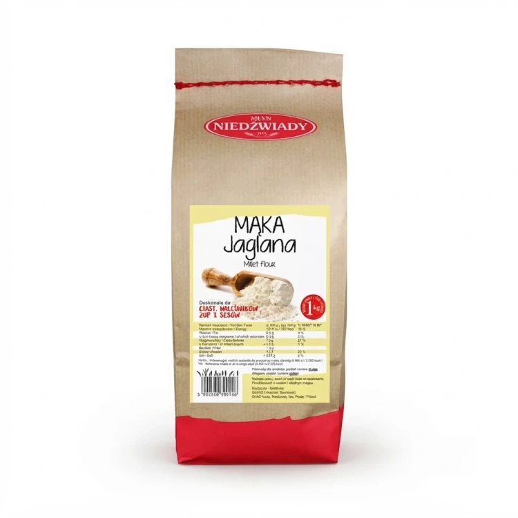 Mąka jaglana 1kg Młyn Niedźwiady — opakowanie, zdjęcie studyjne