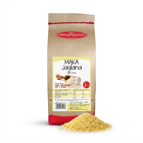 Mąka jaglana 1kg Młyn Niedźwiady — opakowanie i zawartość produktu