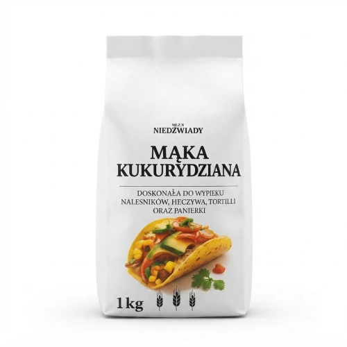 Mąka kukurydziana 1kg Młyn Niedźwiady — opakowanie, zdjęcie studyjne