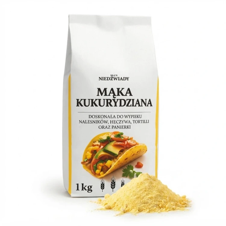 Mąka kukurydziana 1kg Młyn Niedźwiady — opakowanie i zawartość produktu