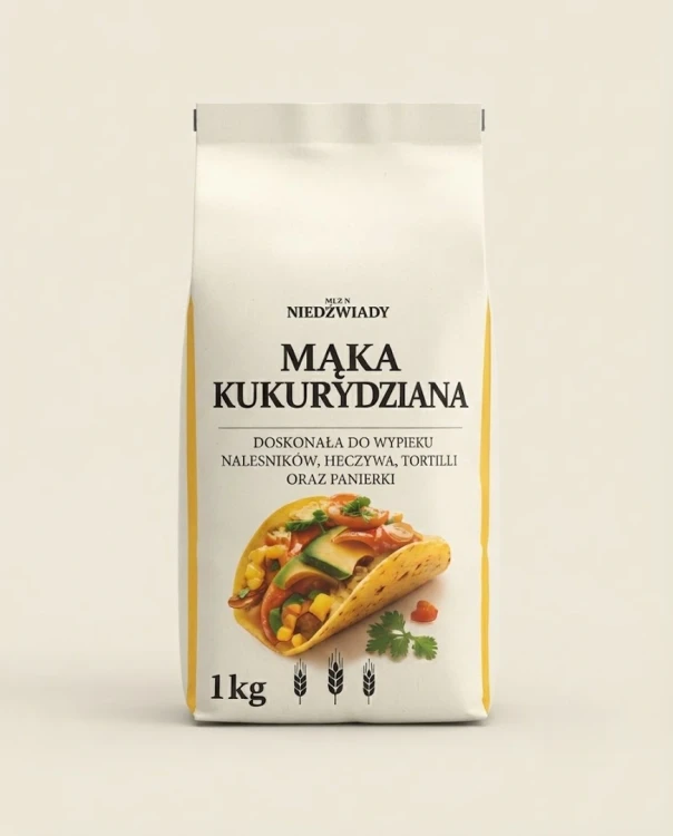 Mąka kukurydziana 1kg Młyn Niedźwiady — opakowanie na tle w kolorze produktu