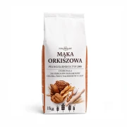 Mąka orkiszowa 1kg Młyn Niedźwiady — opakowanie, zdjęcie studyjne