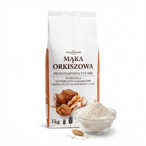 Mąka orkiszowa 1kg Młyn Niedźwiady — opakowanie i zawartość produktu