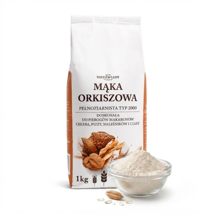 Mąka orkiszowa 1kg Młyn Niedźwiady — opakowanie i zawartość produktu