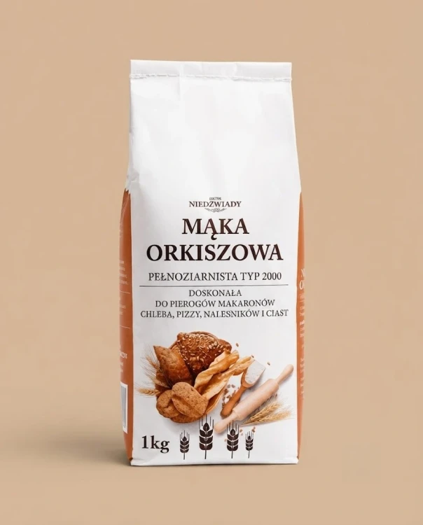 Mąka orkiszowa 1kg Młyn Niedźwiady — opakowanie na tle w kolorze produktu