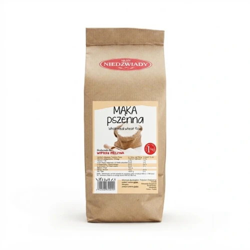 Mąka pszenna 1kg Młyn Niedźwiady — opakowanie, zdjęcie studyjne