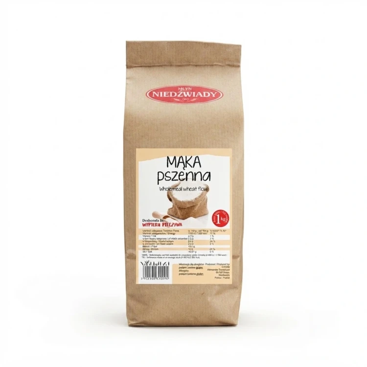 Mąka pszenna 1kg Młyn Niedźwiady — opakowanie, zdjęcie studyjne