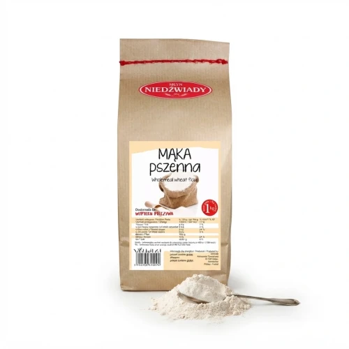 Mąka pszenna 1kg Młyn Niedźwiady — opakowanie i zawartość produktu