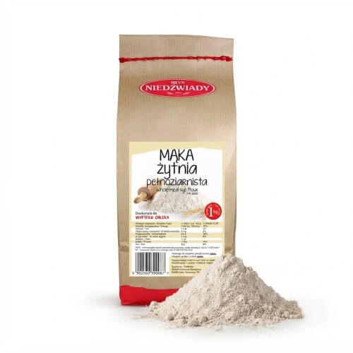 Mąka żytnia 1kg Młyn Niedźwiady — opakowanie i zawartość produktu