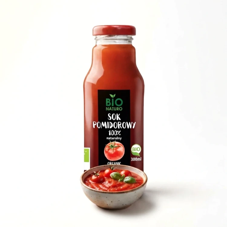 Ekologiczny sok pomidorowy 300 ml Bio Naturo — opakowanie i zawartość produktu