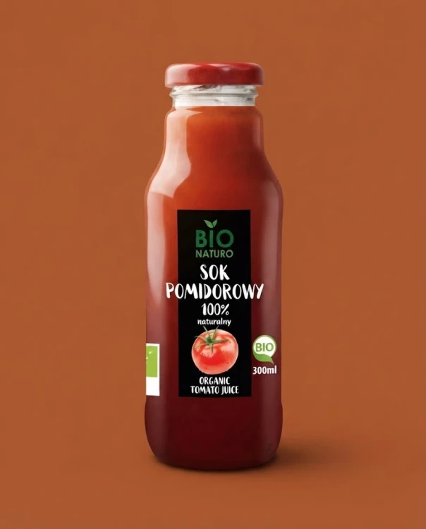 Ekologiczny sok pomidorowy 300 ml Bio Naturo — opakowanie na tle w kolorze produktu