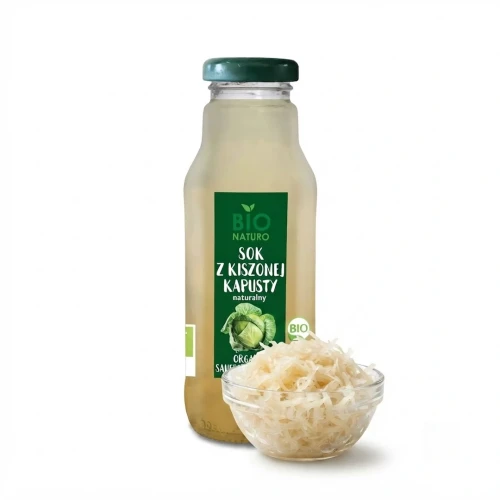 Ekologiczny sok z kiszonej kapusty 300 ml Bio Naturo — opakowanie i zawartość produktu