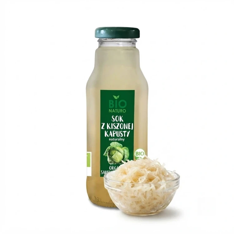Ekologiczny sok z kiszonej kapusty 300 ml Bio Naturo — opakowanie i zawartość produktu