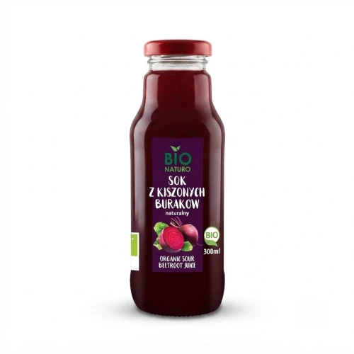 Ekologiczny sok z kiszonych buraków 300 ml Bio Naturo — opakowanie, zdjęcie studyjne