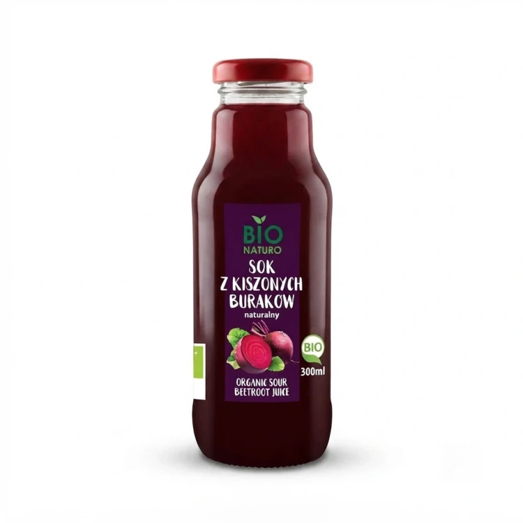 Ekologiczny sok z kiszonych buraków 300 ml Bio Naturo — opakowanie, zdjęcie studyjne