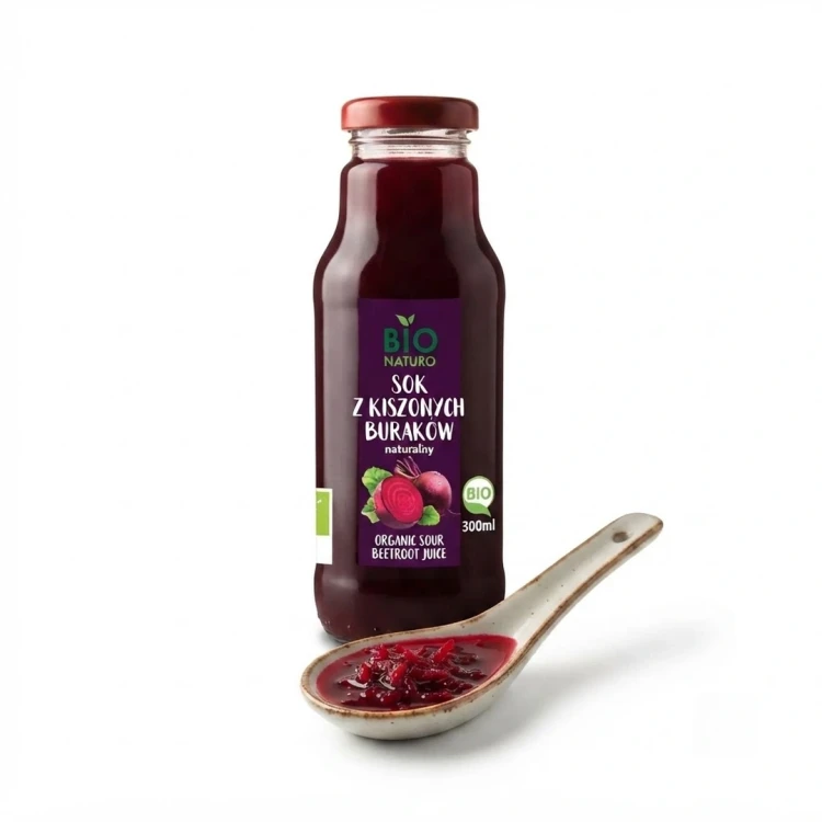 Ekologiczny sok z kiszonych buraków 300 ml Bio Naturo — opakowanie i zawartość produktu