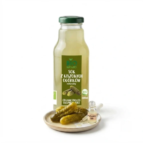 Ekologiczny sok z kiszonych ogórków 300 ml Bio Naturo — opakowanie i zawartość produktu