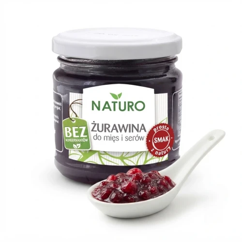 Żurawina do mięs i serów 220g Naturo — opakowanie i zawartość produktu