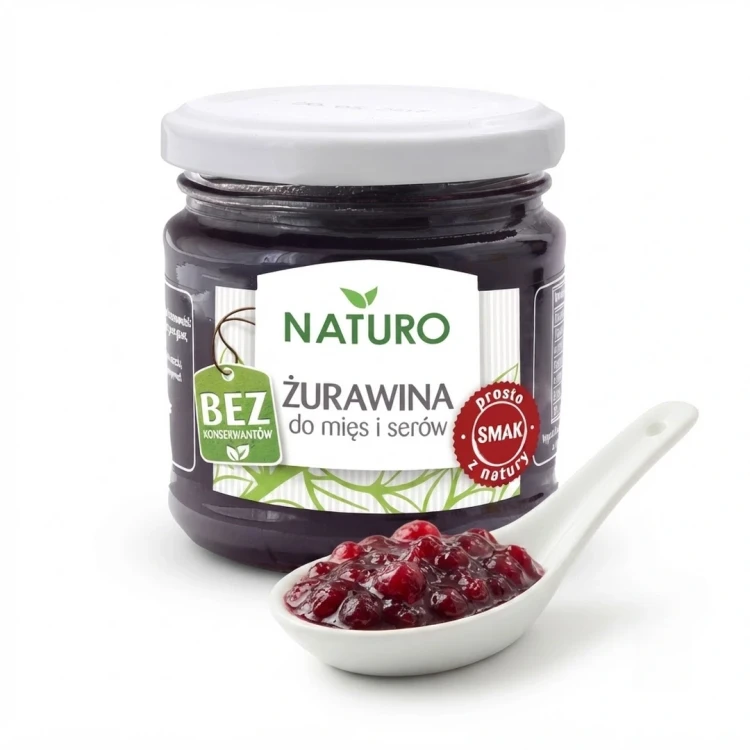 Żurawina do mięs i serów 220g Naturo — opakowanie i zawartość produktu