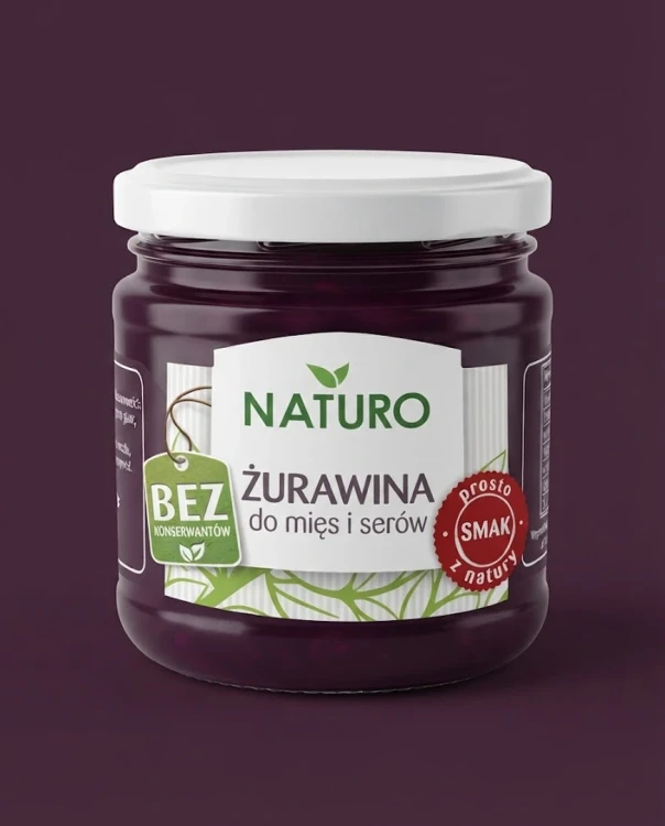 Żurawina do mięs i serów 220g Naturo — opakowanie na tle w kolorze produktu