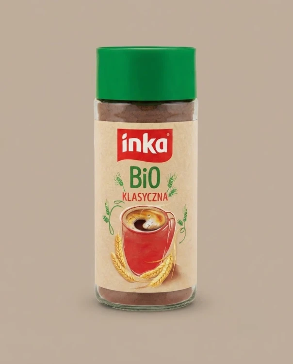 Kawa zbożowa Inka BIO 100g Inka — opakowanie na tle w kolorze produktu