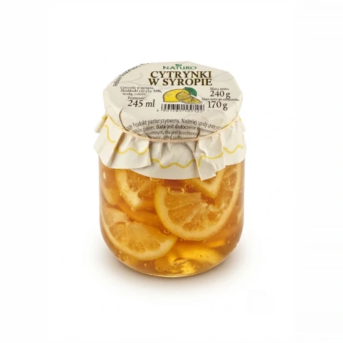 Cytrynki w syropie 240 g NATURO — opakowanie i zawartość produktu