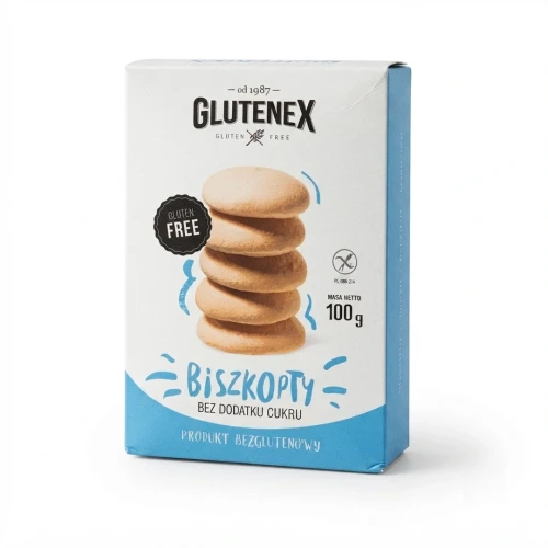 Bezglutenowe biszkopty bez dodatku cukru 100g Glutenex — opakowanie, zdjęcie studyjne