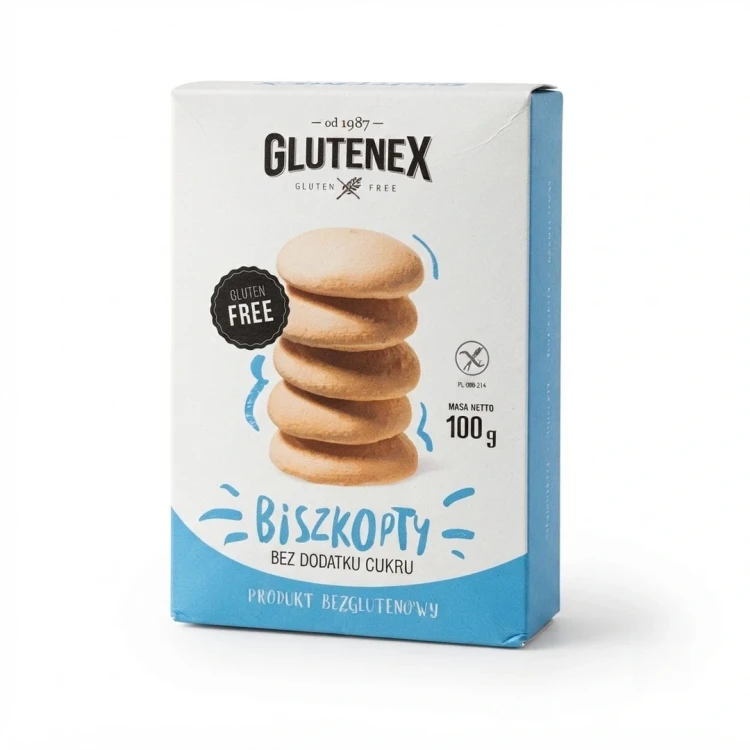 Bezglutenowe biszkopty bez dodatku cukru 100g Glutenex — opakowanie, zdjęcie studyjne