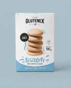 Bezglutenowe biszkopty bez dodatku cukru 100g Glutenex — opakowanie na tle w kolorze produktu