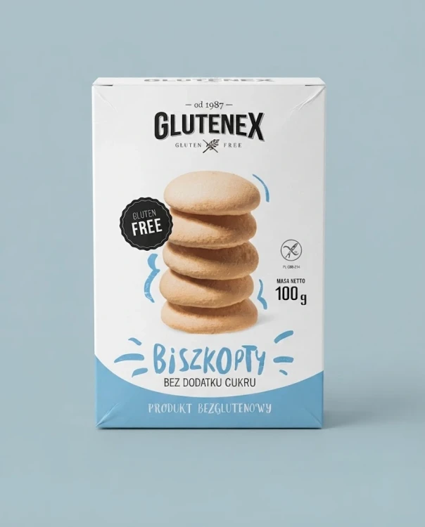 Bezglutenowe biszkopty bez dodatku cukru 100g Glutenex — opakowanie na tle w kolorze produktu