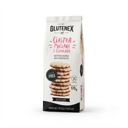 Bezglutenowe ciastka maślane  z czekoladą 140g Glutenex — opakowanie, zdjęcie studyjne