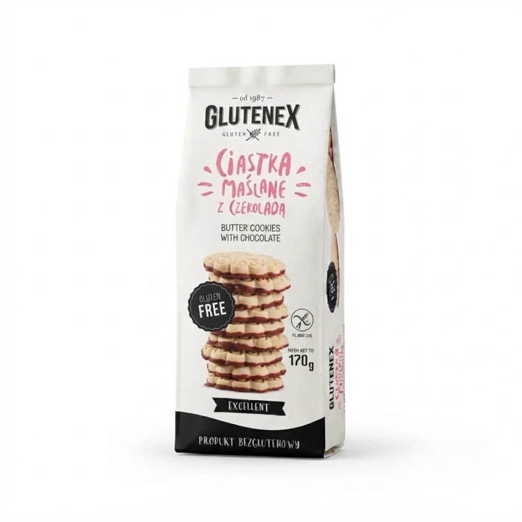 Bezglutenowe ciastka maślane  z czekoladą 140g Glutenex — opakowanie, zdjęcie studyjne