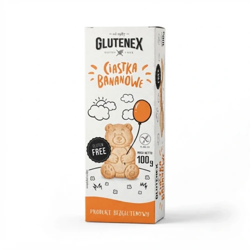 Bezglutenowe ciastka bananowe 100g Glutenex — opakowanie, zdjęcie studyjne