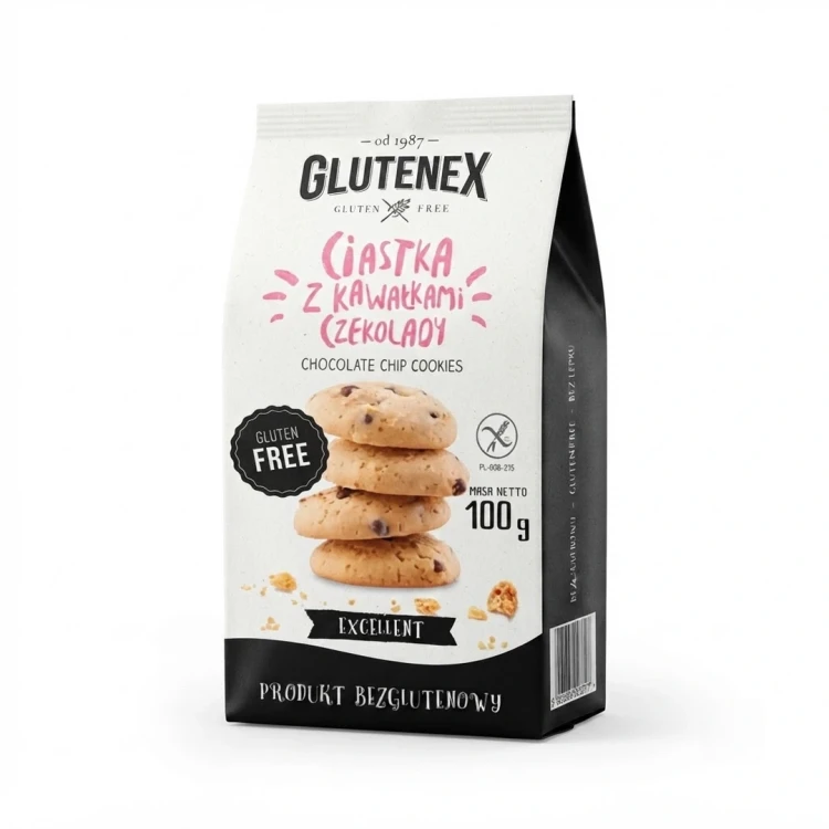 Bezglutenowe ciastka z kawałkami czekolady 100g Glutenex — opakowanie, zdjęcie studyjne