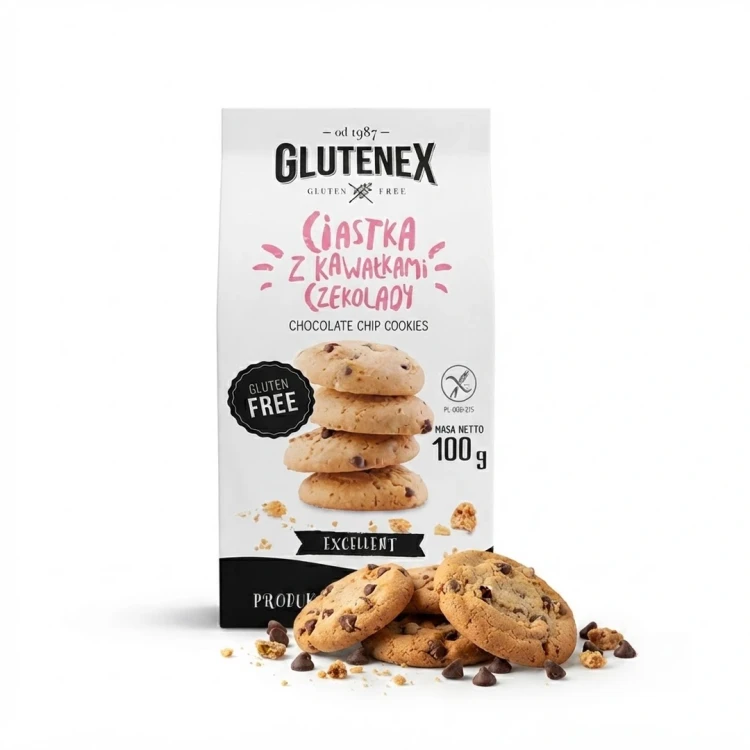 Bezglutenowe ciastka z kawałkami czekolady 100g Glutenex — opakowanie i zawartość produktu