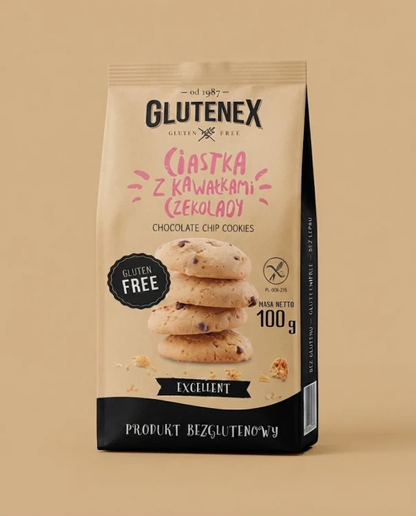 Bezglutenowe ciastka z kawałkami czekolady 100g Glutenex — opakowanie na tle w kolorze produktu