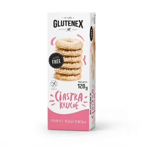 Bezglutenowe ciastka kruche 120g Glutenex — opakowanie, zdjęcie studyjne