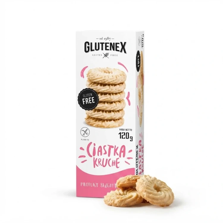 Bezglutenowe ciastka kruche 120g Glutenex — opakowanie i zawartość produktu