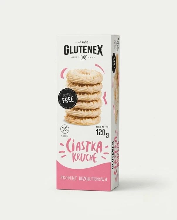 Bezglutenowe ciastka kruche 120g Glutenex — opakowanie na tle w kolorze produktu