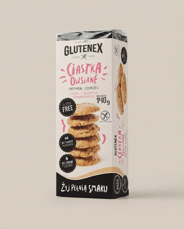 Bezglutenowe ciastka owsiane 140g Glutenex — opakowanie na tle w kolorze produktu