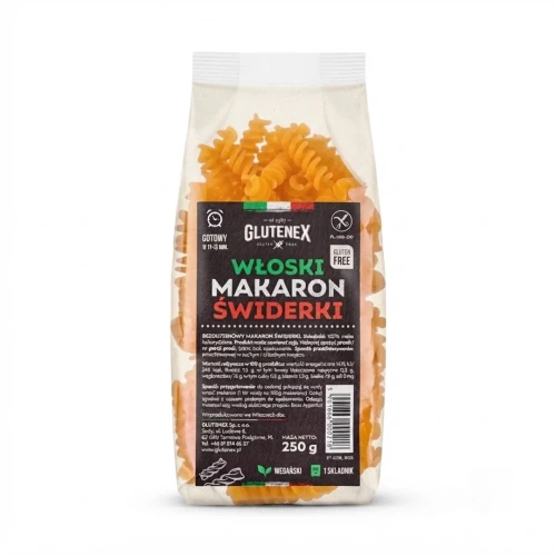 Bezglutenowy makaron świderki 250g Glutenex — opakowanie, zdjęcie studyjne