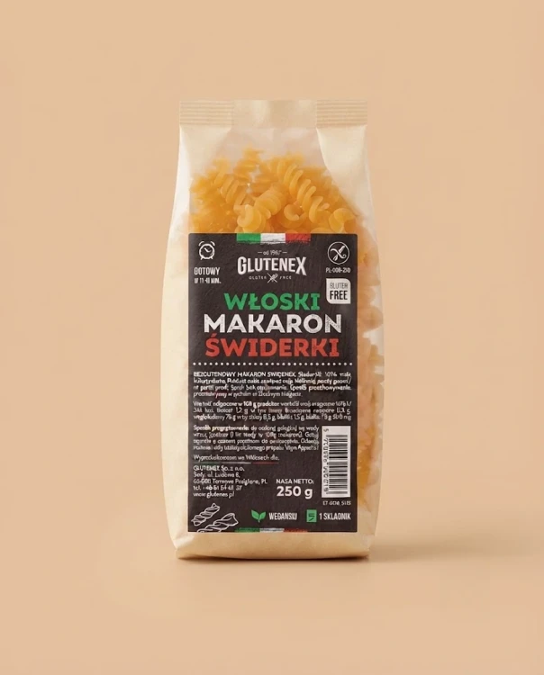 Bezglutenowy makaron świderki 250g Glutenex — opakowanie na tle w kolorze produktu
