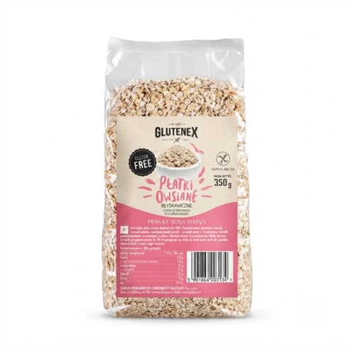 Bezglutenowe płatki owsiane błyskawiczne 350g Glutenex — opakowanie, zdjęcie studyjne