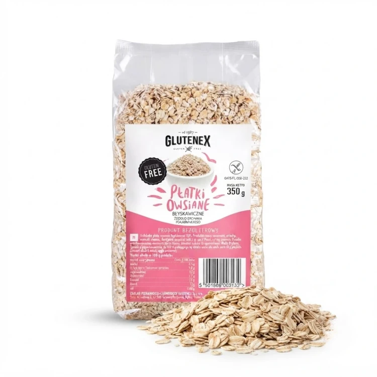 Bezglutenowe płatki owsiane błyskawiczne 350g Glutenex — opakowanie i zawartość produktu