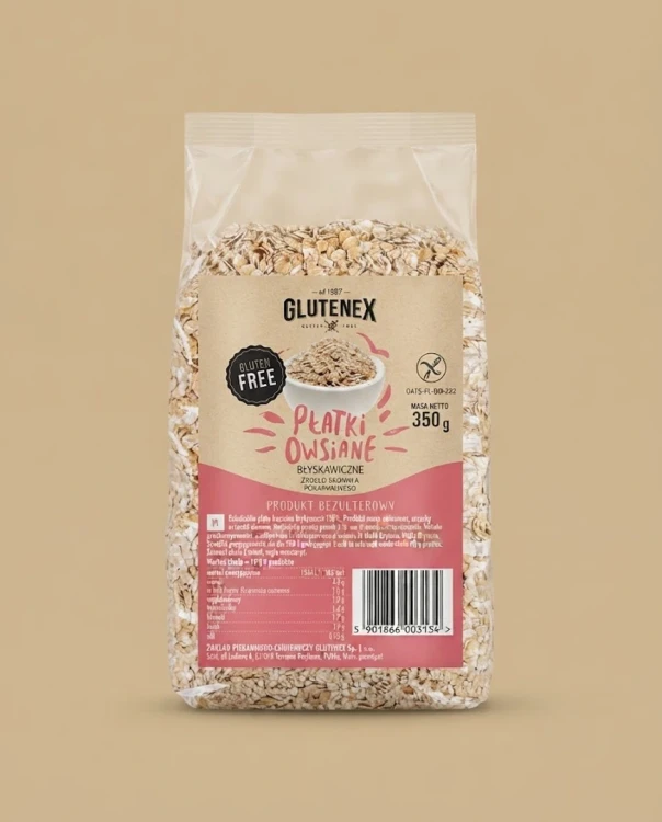 Bezglutenowe płatki owsiane błyskawiczne 350g Glutenex — opakowanie na tle w kolorze produktu