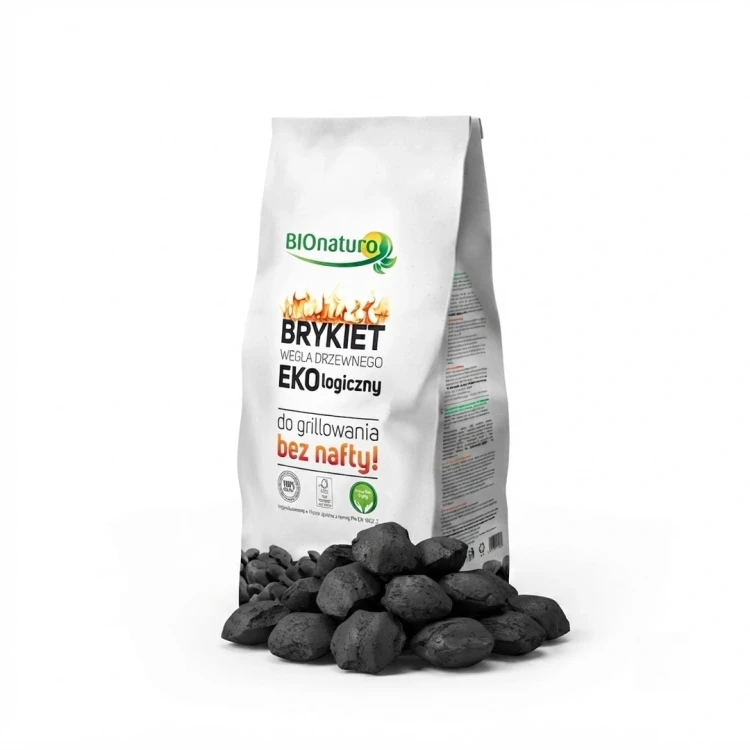 Ekologiczny brykiet węgla drzewnego do grilla 2.2 kg Bio Naturo — opakowanie i zawartość produktu