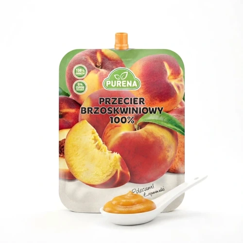 Przecier brzoskwiniowy 100% 300g Purena — opakowanie i zawartość produktu