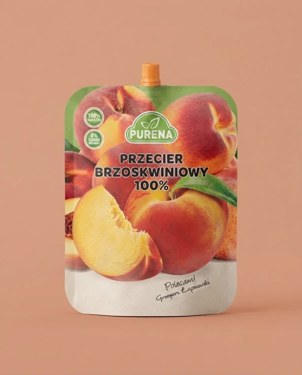 Przecier brzoskwiniowy 100% 300g Purena — opakowanie na tle w kolorze produktu