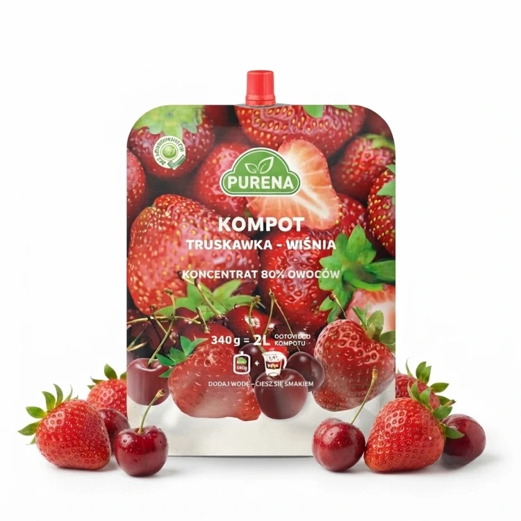 Kompot truskawek i wiśni - koncentrat 340g Purena — opakowanie i zawartość produktu