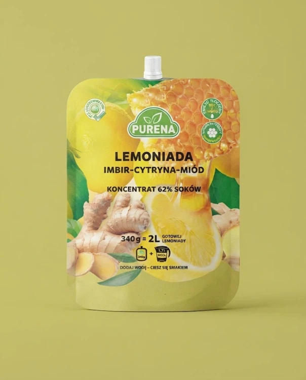 Lemoniada imbir-cytryna- miód - koncentrat 340g Purena — opakowanie na tle w kolorze produktu